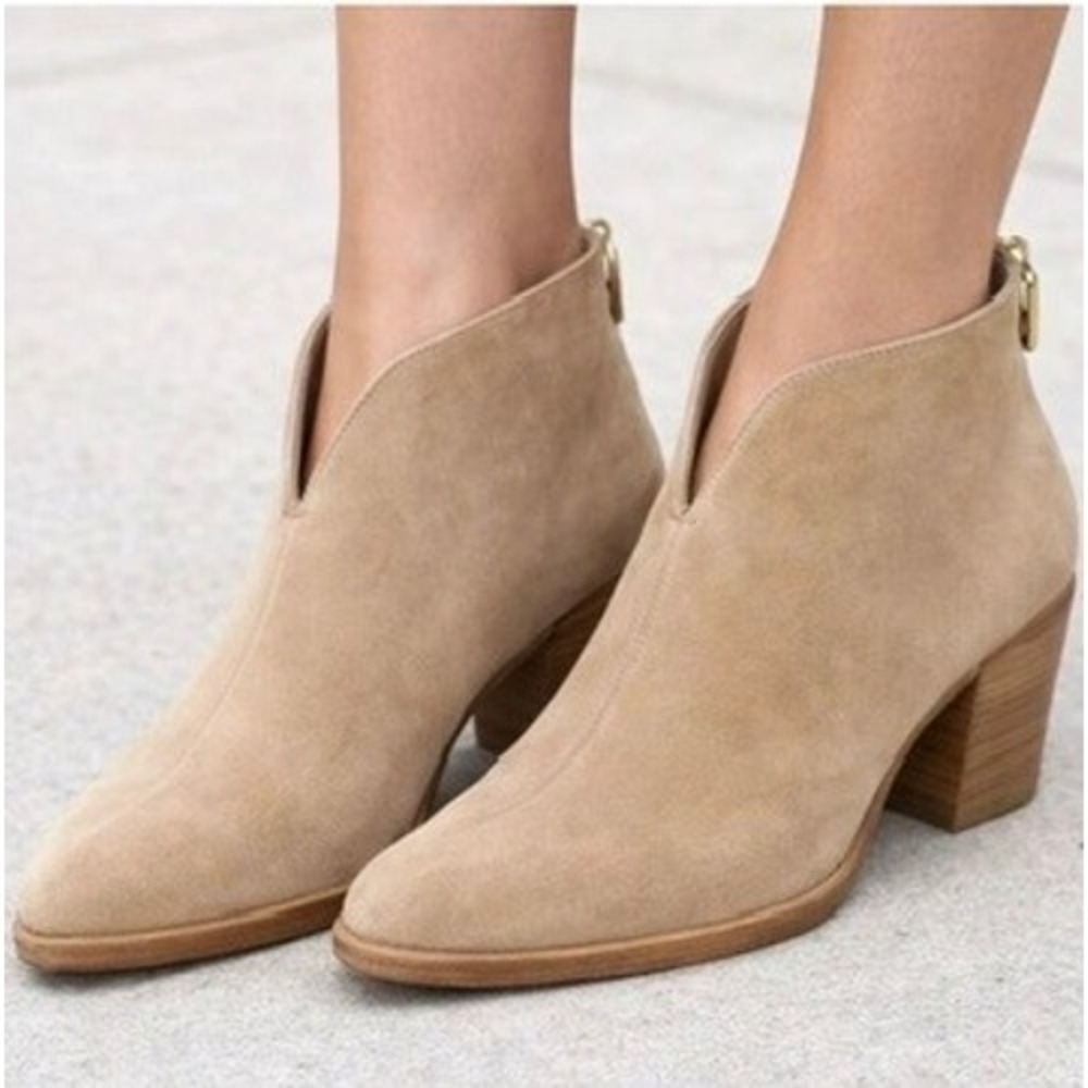 Vince Havana Taupe Suede V-Cut Pointed Toe Ankle‎ Booties Block Heel Size 11M 41